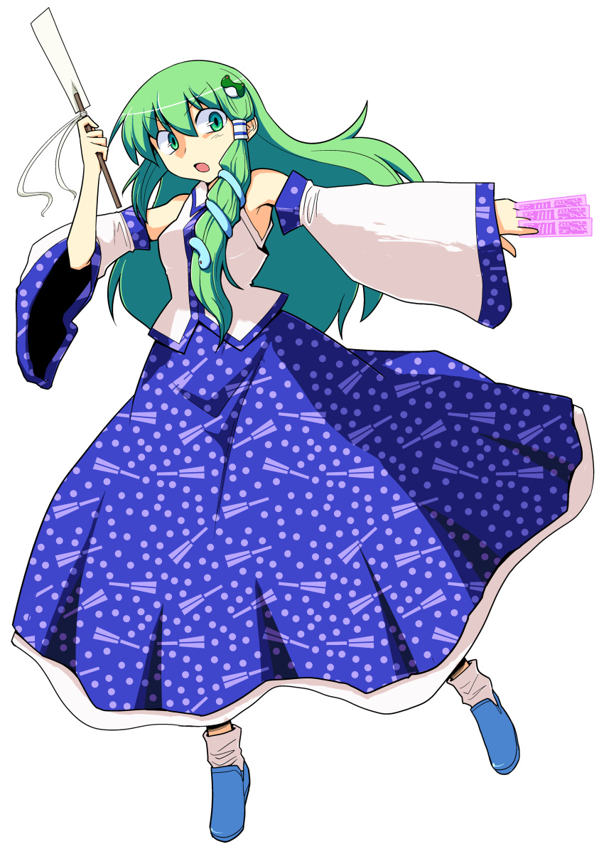 detached_sleeves, frog, gohei, green_eyes, green_hair, hair_ornament, highres, japanese_clothes, kiyu_(queue), kochiya_sanae, long_hair, long_skirt, miko, skirt, snake, spell_card, spellcard, touhou, transparent_background