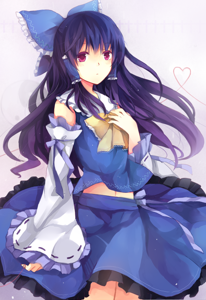 alternate_color, arm_ribbon, blush, bow, cranio, detached_sleeves, hair_bow, hair_tubes, hakurei_reimu, hand_on_own_chest, heart, heart_of_string, long_hair, midriff, miko, mizuki_hitoshi, navel, purple_eyes, purple_hair, red_string, shirt, skirt, skirt_set, solo, string, touhou, violet_eyes, yin_yang