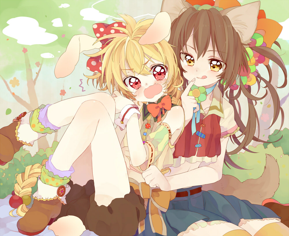 animal_ears, blonde_hair, blush, braid, brown_hair, bunny_ears, dog_ears, hyerry