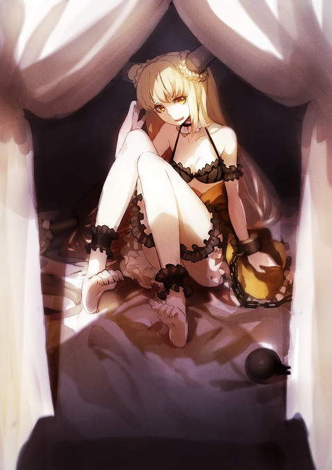 ankle_cuffs, bare_shoulders, barefoot, blonde_hair, bra, chain, chains, cuffs