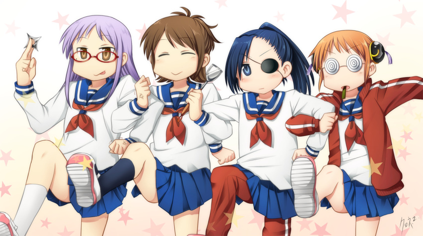 brown_hair, eyepatch, gintama, glasses, hyadain_no_joujou_yuujou, kagura_(gintama), kuroneko_(carmentic), multiple_girls, nichijou, parody, purple_hair, sarutobi_ayame, school_uniform, serafuku, shimura_tae, shuriken, yagyuu_kyuubei