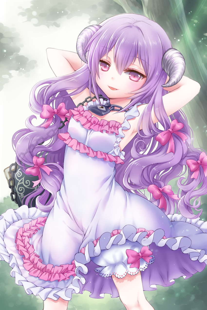 amrita, armpits, arms_behind_head, arms_up, bittersweet_(dalcoms), bloomers, book, chain, chains, dress, frilled_dress, frills, hair_between_eyes, hair_ribbon, highres, horns, jewelry, layered_dress, lock, long_hair, lowres, necklace, open_mouth, purple_hair, red_eyes, ribbon, smile, solo, sword_girls, very_long_hair