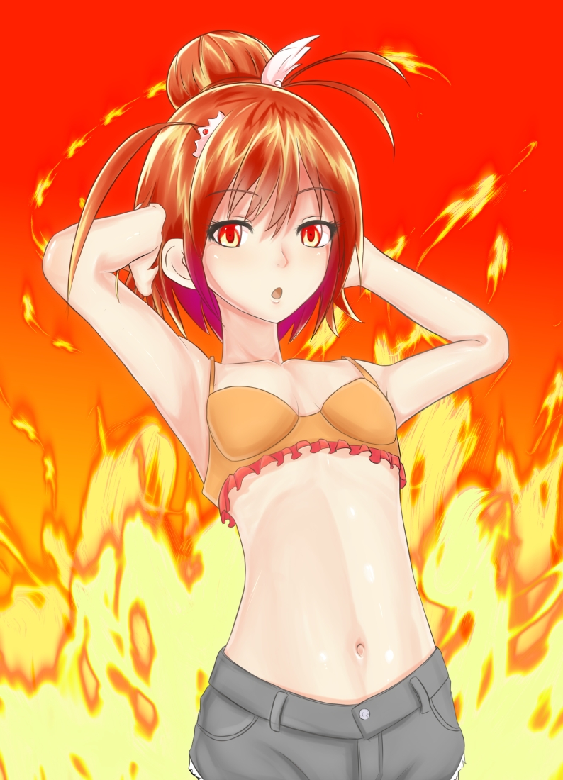 armpits, arms_up, cure_sunny, fiery_background, fire, flat_chest, hair_bun, hair_ornament