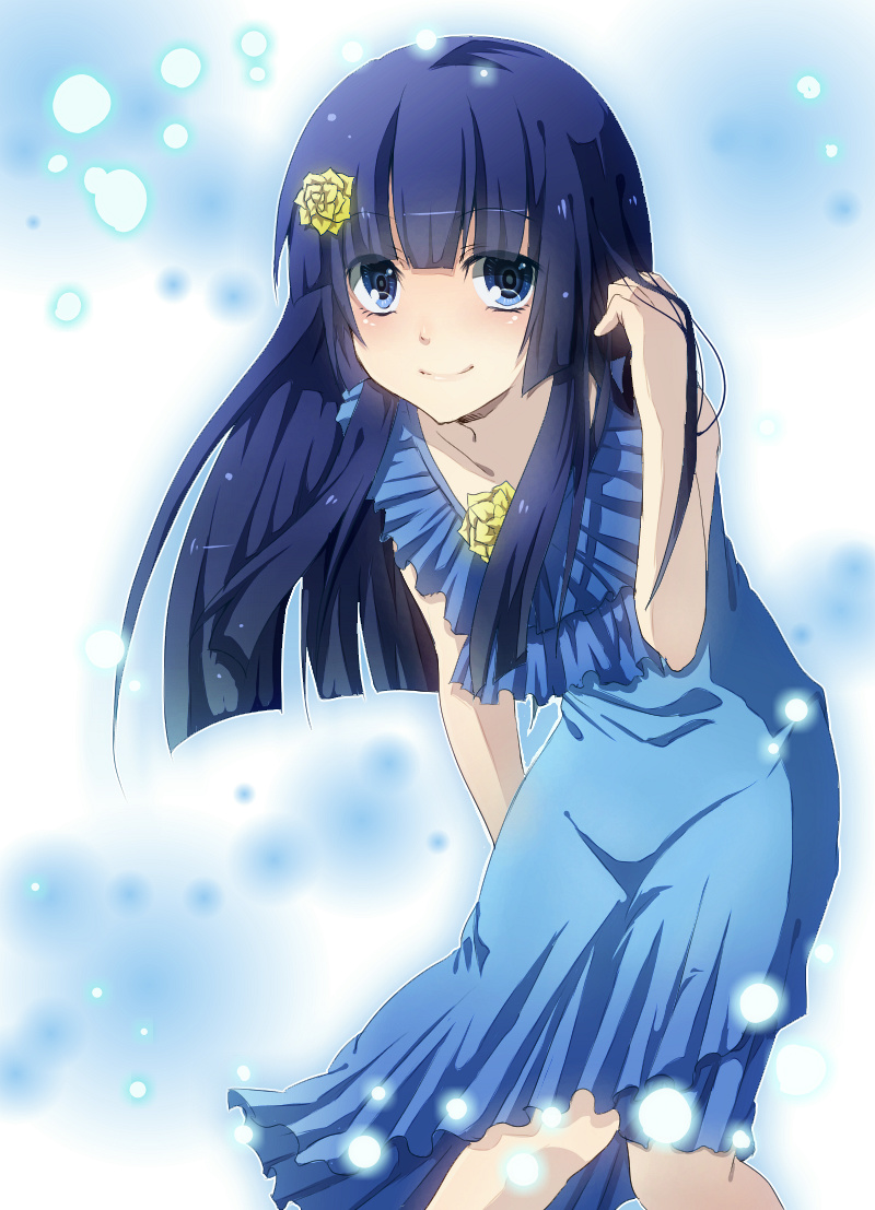 aoki_reika, blue, blue_background, blue_dress, blue_eyes, blue_hair, dress, flower