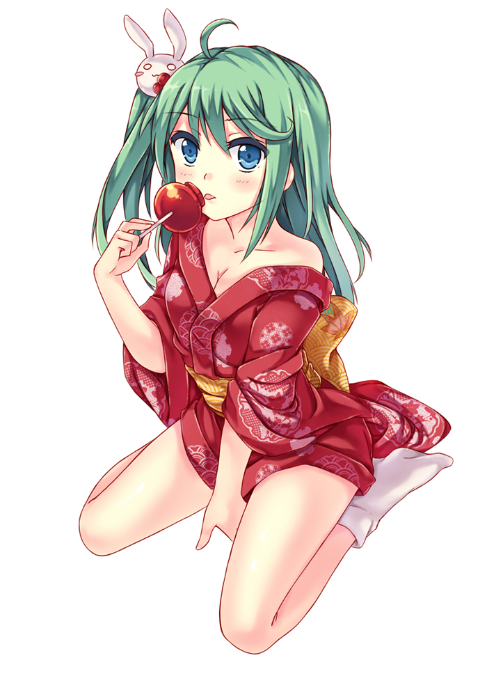 ahoge, blue_eyes, breasts, bunny, candy, cleavage, green_hair, hair_ornament, japanese_clothes, kimono, licking, off_shoulder, original, pcmaniac88, rabbit, simple_background, sitting, solo, tabi, wariza, white_background
