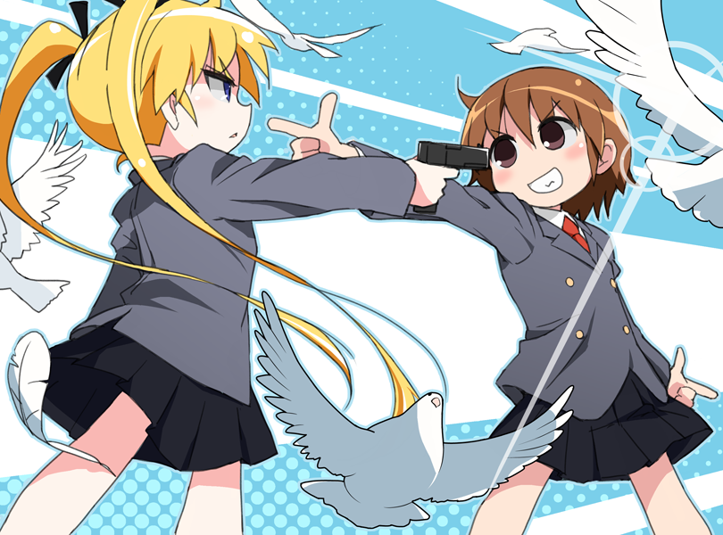 bird, blonde_hair, blush, brown_eyes, brown_hair, dual_wielding, finger_gun, grin, gun, hair_ribbon, kill_me_baby, mexican_standoff, mirakichi, multiple_girls, necktie, oribe_yasuna, pistol, ribbon, skirt, smile, sonya_(kill_me_baby), twintails, weapon