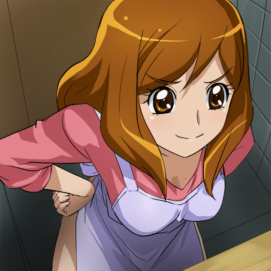 1girl, apron, brown_eyes, brown_hair, haruyama, kise_chiharu, long_hair, precure, sleeves_pushed_up, smile, smile_precure!, solo