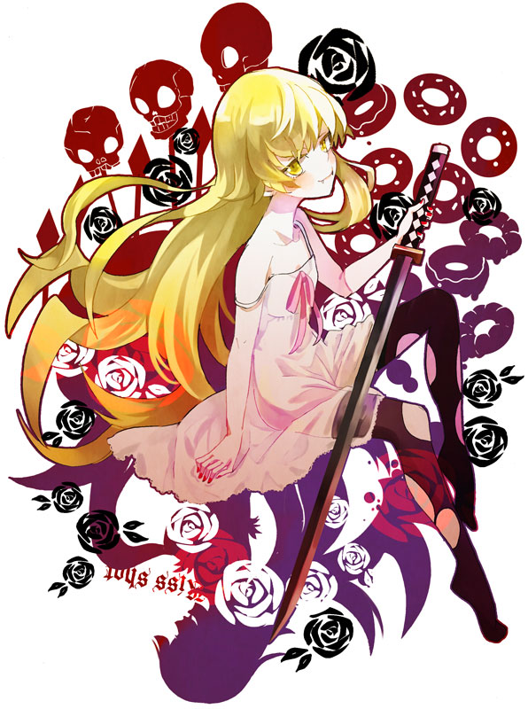 bad_id, bakemonogatari, bare_shoulders, barefoot, blonde_hair, doughnut, dress, goggles