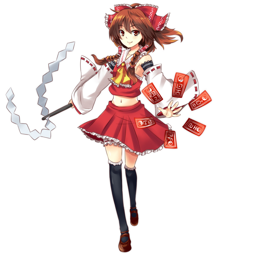 black_legwear, black_thighhighs, bow, braid, brown_eyes, brown_hair, detached_sleeves, gohei, hair_bow, hakurei_reimu, highres, hinata_(pixiv), hinata_sora, japanese_clothes, long_hair, midriff, miko, navel, ofuda, ribbon, sarashi, skirt, solo, spellcard, standing, thigh-highs, thighhighs, touhou, transparent_background, twin_braids