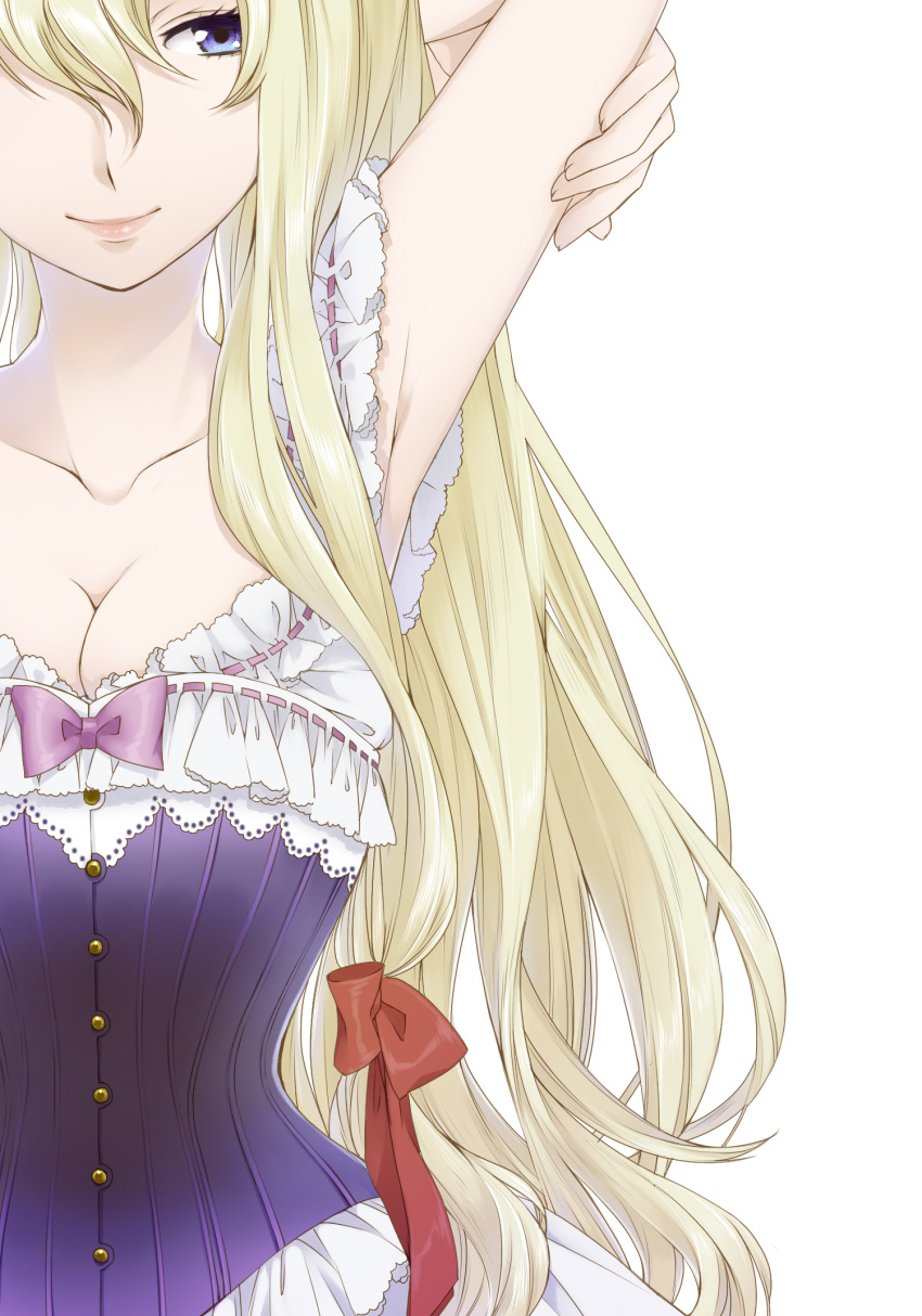 armpits, arms_up, blonde_hair, blue_eyes, bow, breasts, chito04, cleavage, collarbone, corset, hair_bow, highres, large_breasts, lingerie, lips, long_hair, looking_away, simple_background, smile, solo, touhou, underwear, victorian, white_background, yakumo_yukari