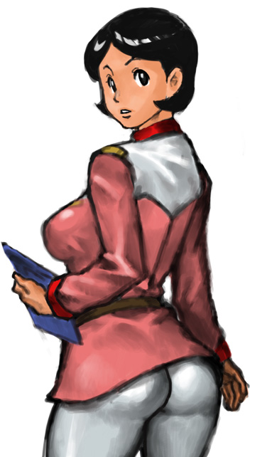 ass, black_hair, gundam, looking_back, mirai_yashima, mobile_suit_gundam, pantyhose, short_hair