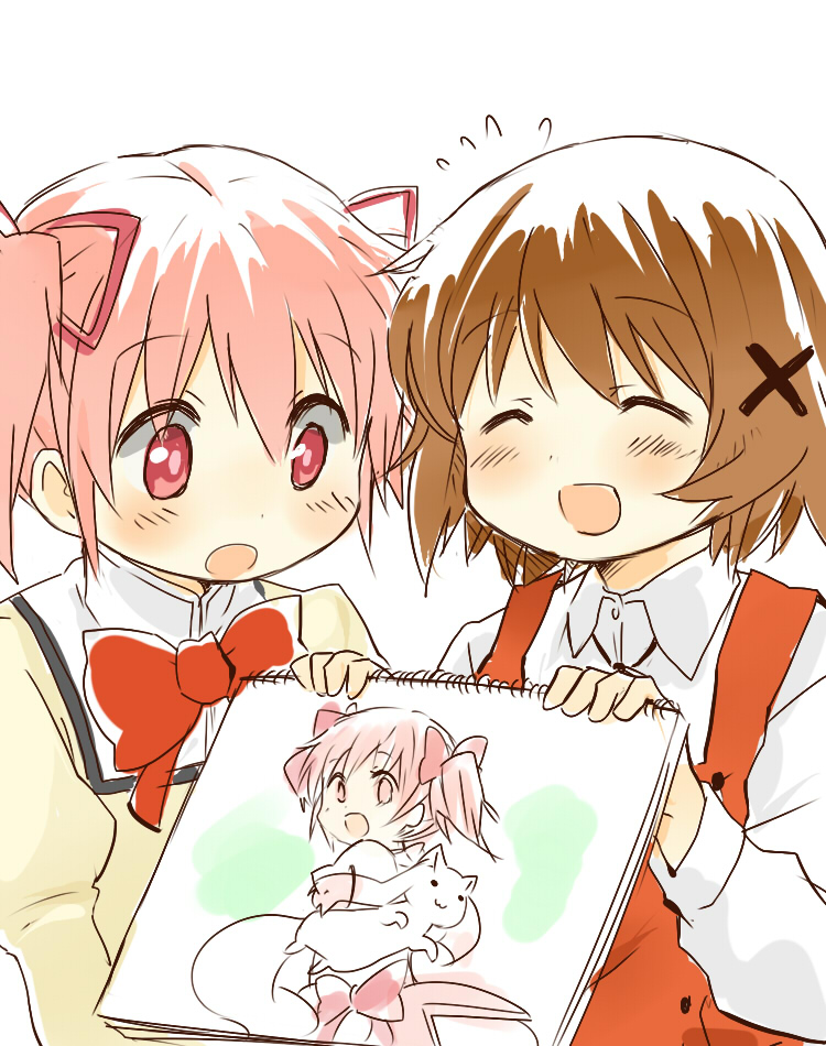 2girls, brown_hair, company_connection, creator_connection, crossover, hair_ornament, hairclip, hidamari_sketch, kaname_madoka, kyubey, mahou_shoujo_madoka_magica, multiple_girls, nori_senbei, pink_eyes, pink_hair, ribbon, saimoe, saimoe_2011, school_uniform, short_hair, short_twintails, sketchbook, twintails, yuno