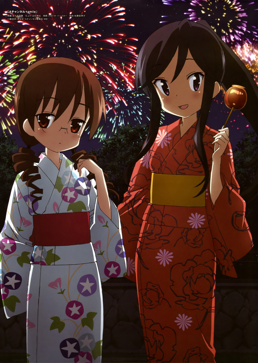 a_channel, absurdres, black_hair, blush, brown_eyes, brown_hair, candy_apple, drill_hair