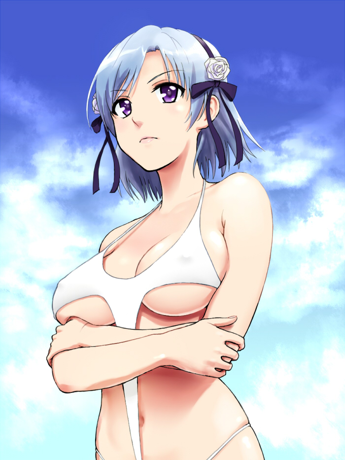 abosirom, bikini, blue_hair, breasts, cloud, crossed_arms, flower, hair_flower