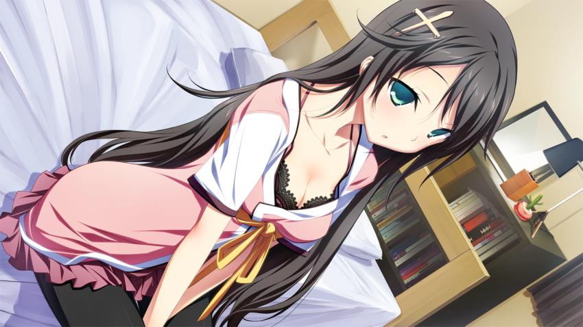 black_hair, bra, game_cg, giga, green_eyes, kikuchi_seiji, kuraki_ena, material_brave