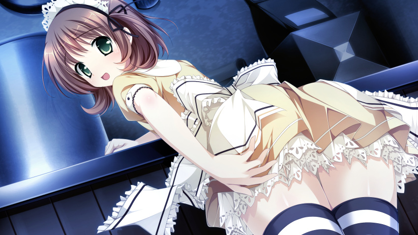 brown_hair, game_cg, green_eyes, headdress, inui_yuki, kimishima_ao, maid, otome_ga_tsumugu_koi_no_canvas