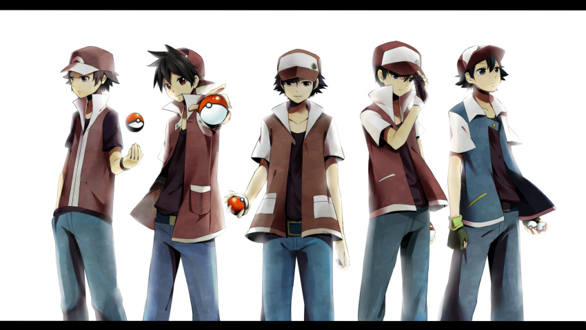ash, black_eyes, black_hair, brown_eyes, brown_hair, child, dual_persona, expressionless, grey_eyes, highres, holding, holding_poke_ball, letterboxed, multiple_boys, odd_one_out, poke_ball, pokemon, pokemon_(anime), pokemon_(game), pokemon_frlg, pokemon_gsc, pokemon_rgby, pokemon_special, red_(pokemon), red_(pokemon)_(classic), red_(pokemon)_(remake), red_eyes, satoshi_(pokemon), satoshi_(pokemon)_(classic), simple_background, standing, tagme_(character), throwing_poke_ball, yache