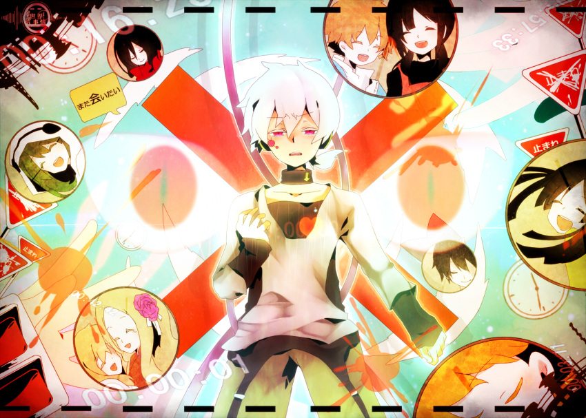 akatonbo, blood, character_request, clock, hatsune_miku, headphone_actor_(vocaloid), heat-haze_days_(vocaloid), ia