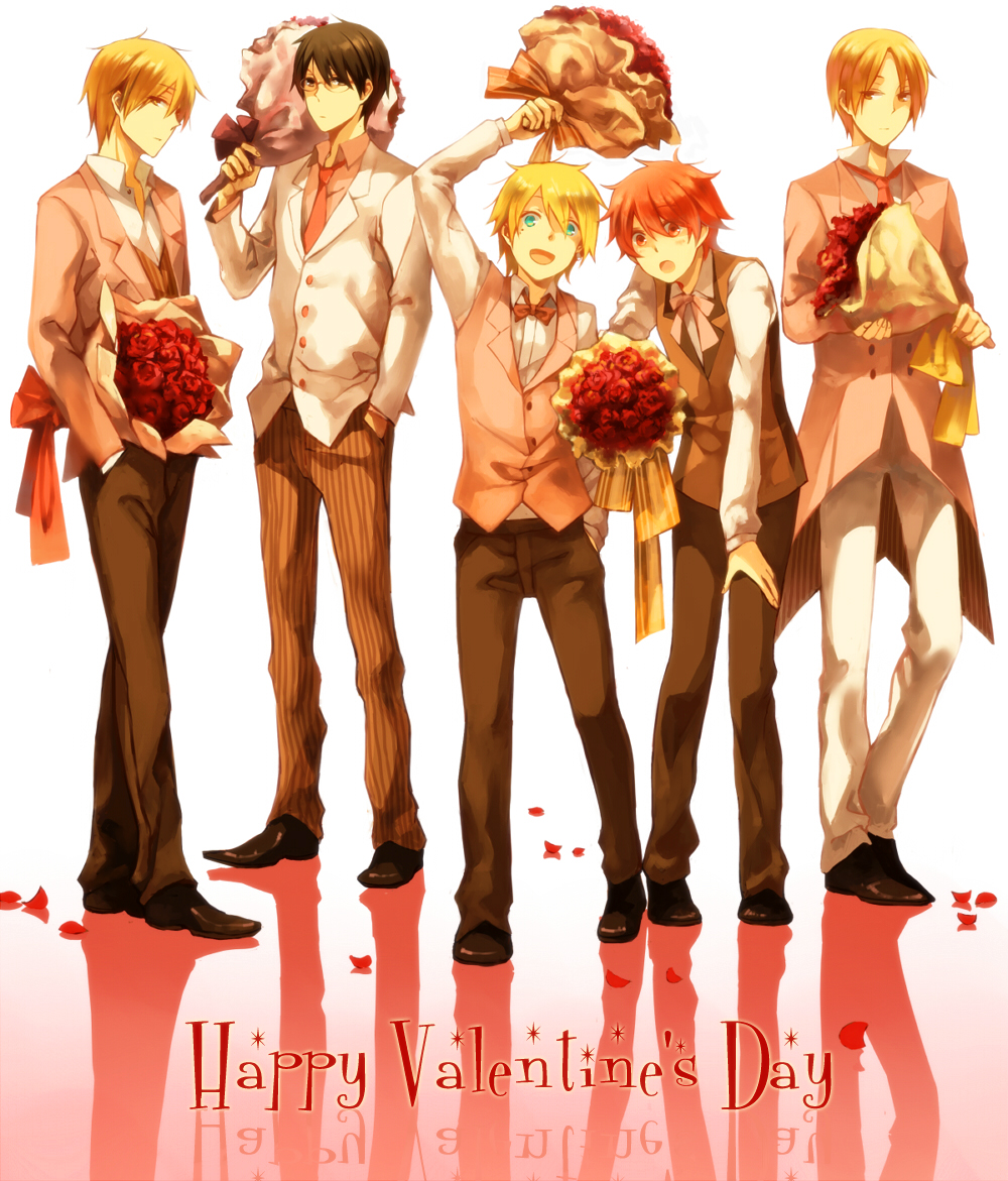 asaba_yuuki, asaba_yuuta, blonde_hair, bouquet, brown_eyes, brown_hair, flower, formal