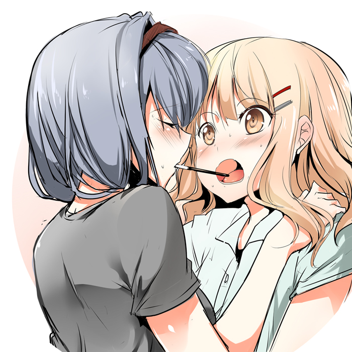 ajishio, blonde_hair, blue_hair, blush, brown_eyes, closed_eyes, eyes_closed, furutani_himawari