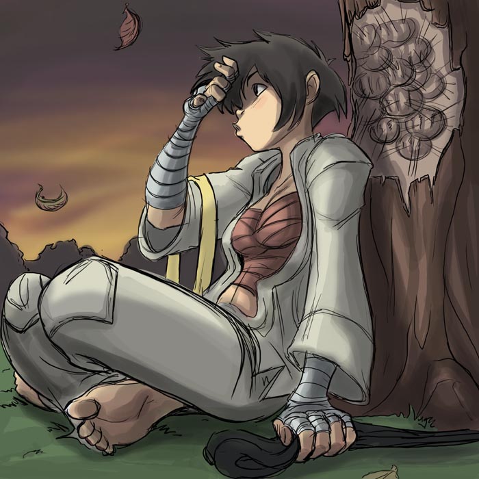 americanninjax, bandage, bandages, barefoot, black_hair, breasts, doubi, dougi, feet, indian_style, leaf, makoto, open_clothes, open_shirt, rough, sarashi, short_hair, sitting, soles, solo, street_fighter, street_fighter_iii, street_fighter_iii:_3rd_strike, sunset, toes, tree