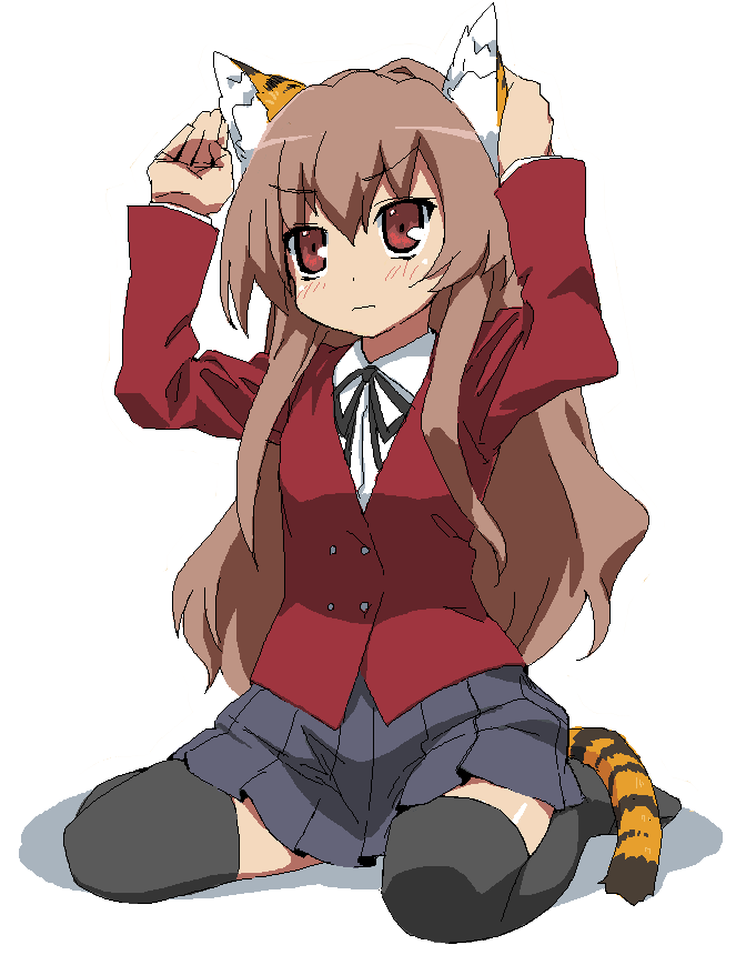 animal_ears, brown_hair, long_hair, ootori_kei, red_eyes, school_uniform, tail, thigh-highs