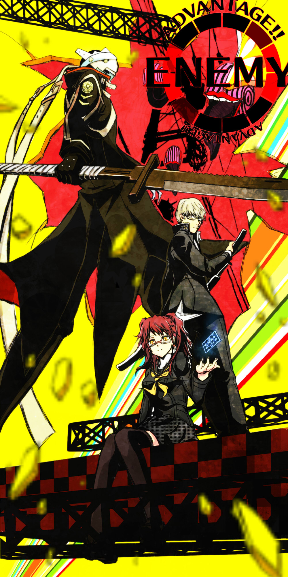 2boys, belt, breasts, brown_hair, couple, dark_persona, dual_persona, forestss