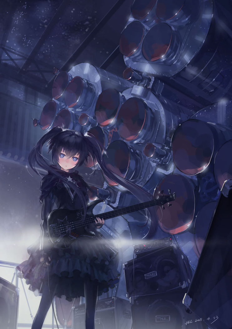 amplifier, bass_guitar, black_hair, black_legwear, black_rock_shooter, black_rock_shooter_(character), blue_eyes, dress
