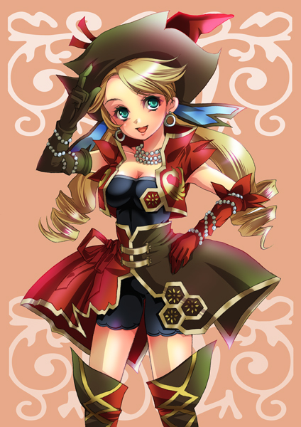 bike_shorts, blonde_hair, earrings, gloves, green_eyes, hand_on_hip, hat, hips, jewelry, long_hair, myriam, necklace, pink_background, romancing_saga, romancing_saga_minstrel_song, saga, shorts_under_skirt, skirt, smile, solo, thigh-highs, thighhighs, twintails, zaido