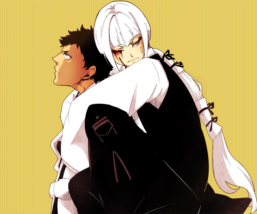 1girl, ao_no_exorcist, black_hair, blood, carrying, fuku-ro, houjou_mamushi, japanese_clothes, long_hair, piggyback, shima_juuzou, short_hair, spoilers, tattoo, white_hair, yellow_eyes