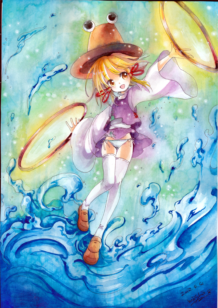 blonde_hair, blue_panties, hair_ribbon, hat, marker_(medium), moriya's_iron_rings, moriya's_iron_rings, moriya_suwako