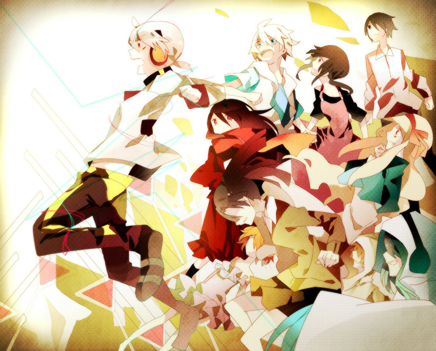 creator_connection, ene_(kagerou_project), headphone_actor_(vocaloid), hibiya_(kagerou_project), hiyori_(kagerou_project), hood, jinzou_enemy_(vocaloid), jumping
