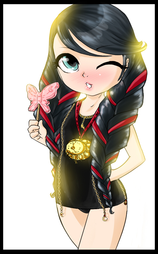 1girl, bayonetta, bayonetta_(series), black_hair, blossomppg, blue_eyes, braid, candy