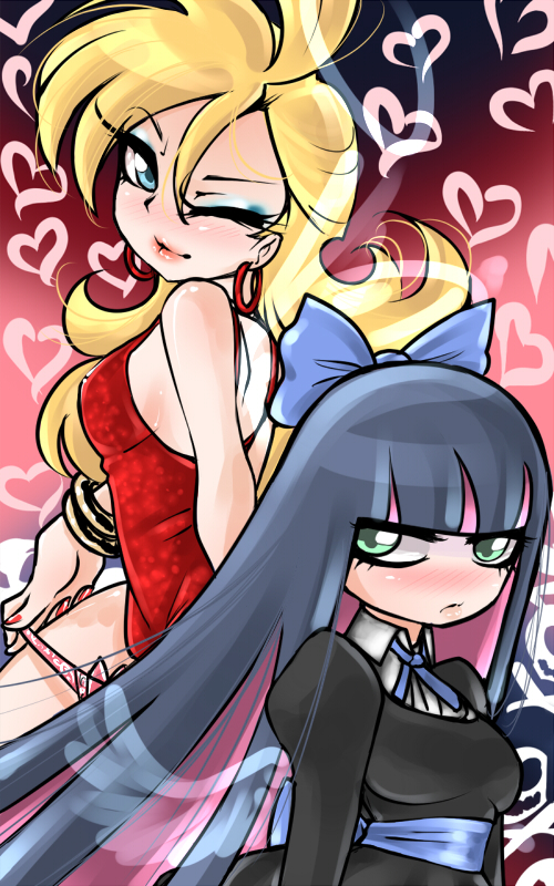 angel_wings, blonde_hair, blossomppg, blue_eyes, blue_hair, blush, breasts, dress