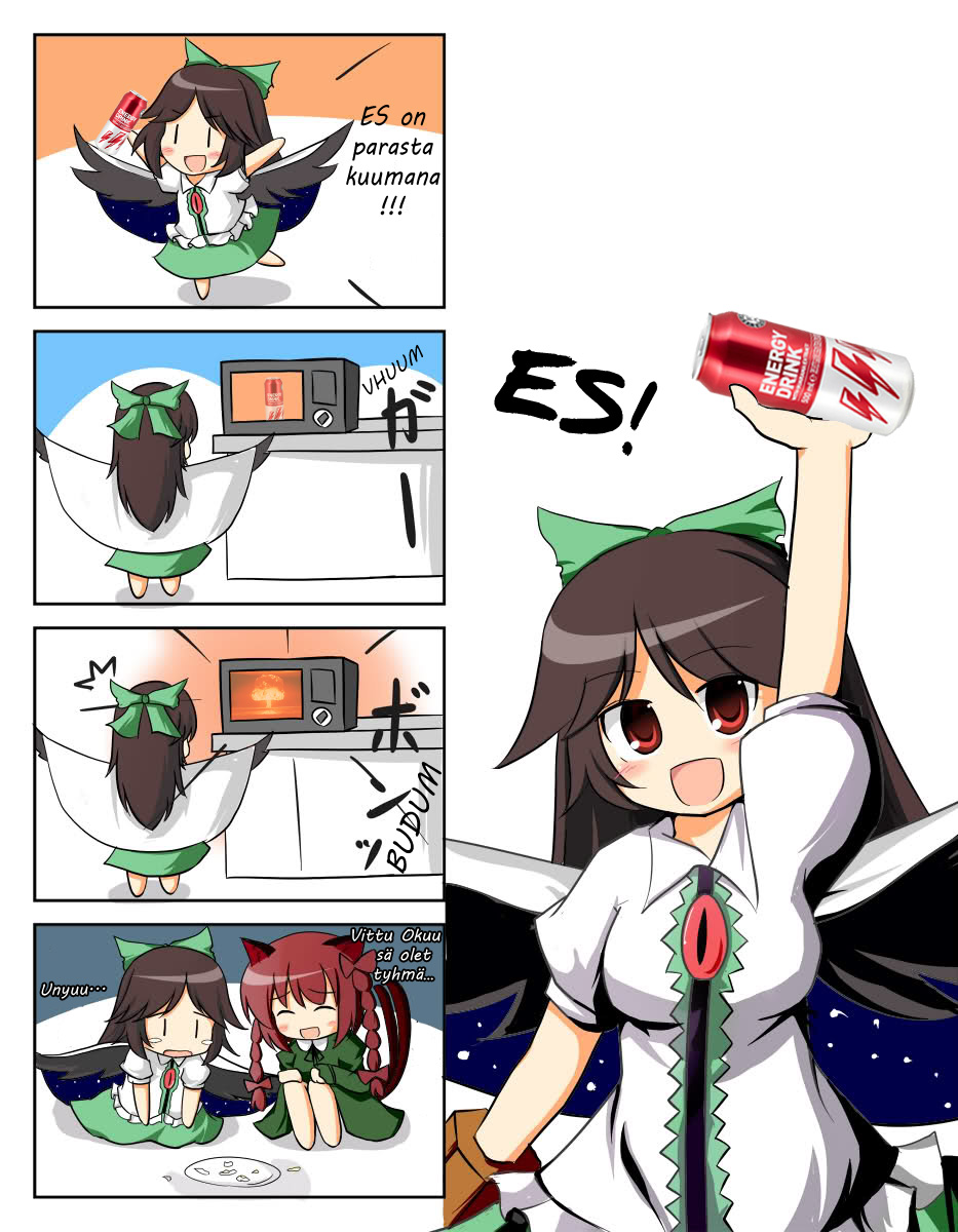 2girls, 4koma, brown_hair, comic, fake_translation, finnish, hair_ribbon, highres