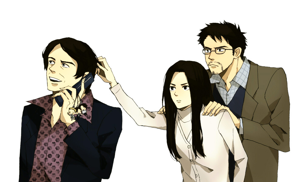 black_hair, cellphone, facial_hair, glasses, long_hair, madoka_(potechoco), phone, short_hair