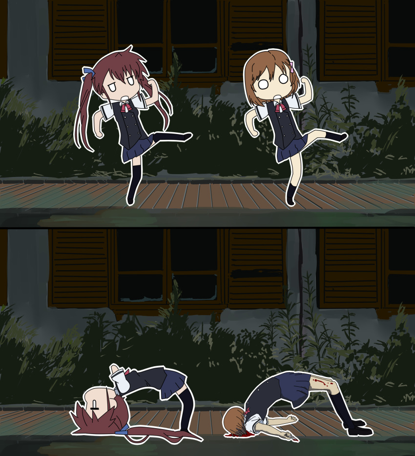 akazawa_izumi, another, arched_back, brown_hair, dancing, death, highres, kill_me_baby, kill_me_dance, long_hair, multiple_girls, o_o, ogura_yumi, open_mouth, parody, porinkii, school_uniform, season_connection, short_hair, skirt, spoilers, standing_on_one_leg, twintails