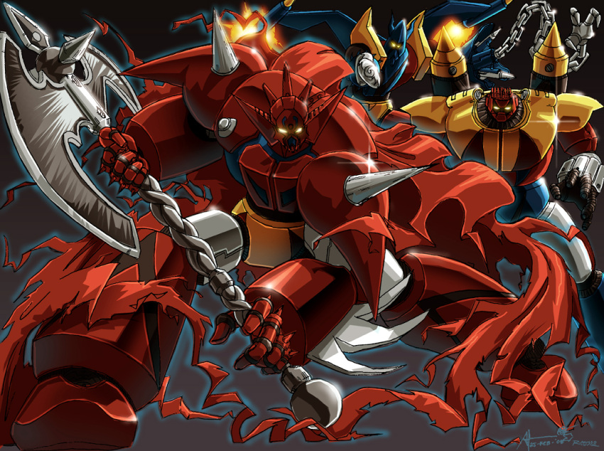 axe, cape, collaboration, getter_dragon, getter_liger, getter_poseidon, getter_robo, getter_robo_g