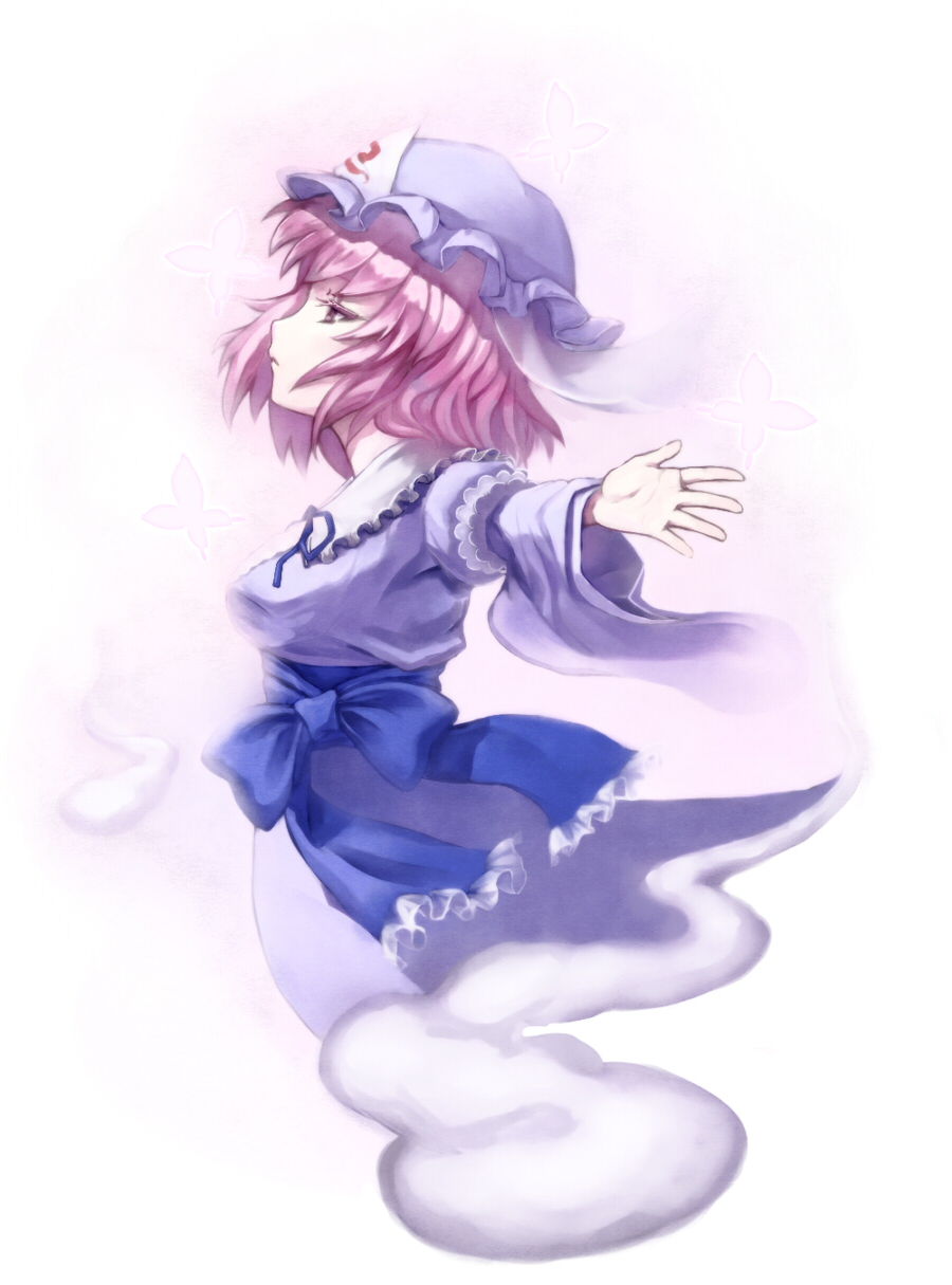 blue_dress, butterfly, dress, ecens, ghost, hat, highres, outstretched_arms
