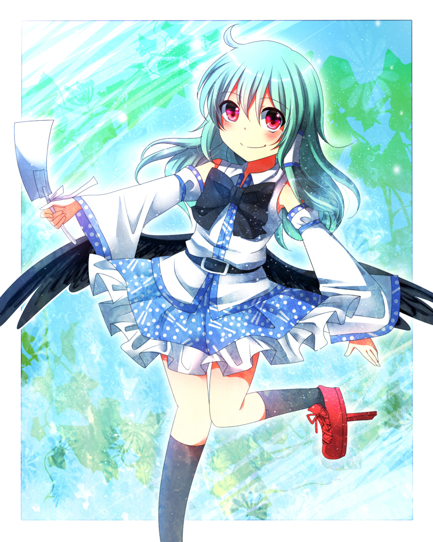 blush, bow, daradara1999, detached_sleeves, fuuna_(conclusion), geta, gohei, green_hair