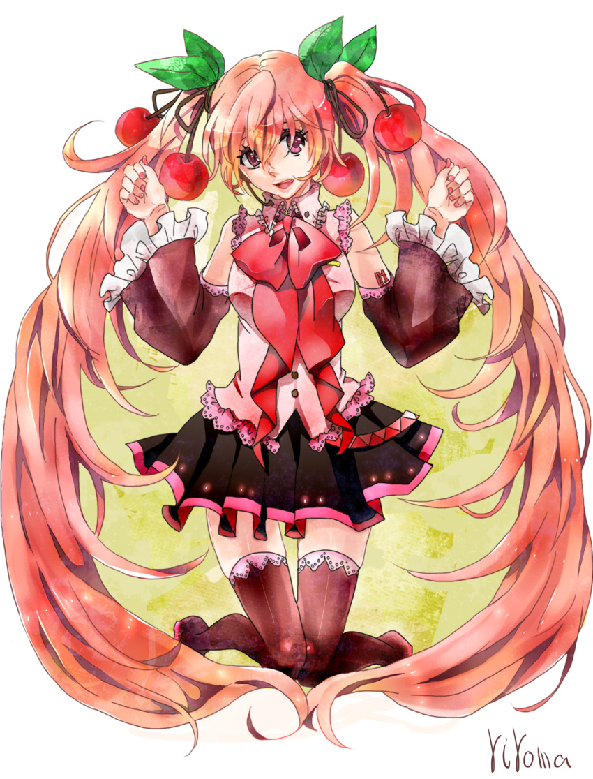 bad_id, boots, cherry, detached_sleeves, drills, food, fruit, hatsune_miku