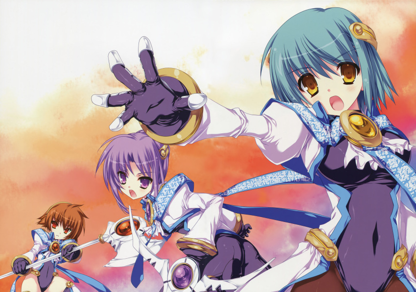 3girls, absurdres, artist_request, bodysuit, breasts, brown_hair, green_hair, highres, multiple_girls, poleaxe, purple_eyes, purple_hair, red_eyes, shimesaba_kohada, short_hair, tachibana_kuon, tennouji_sayaka, violet_eyes, walpurgis_(kai), weapon, yellow_eyes