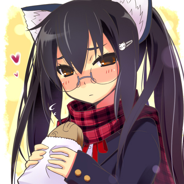 bag, bespectacled, black_hair, blush, brown_eyes, cat_ears, food, glasses