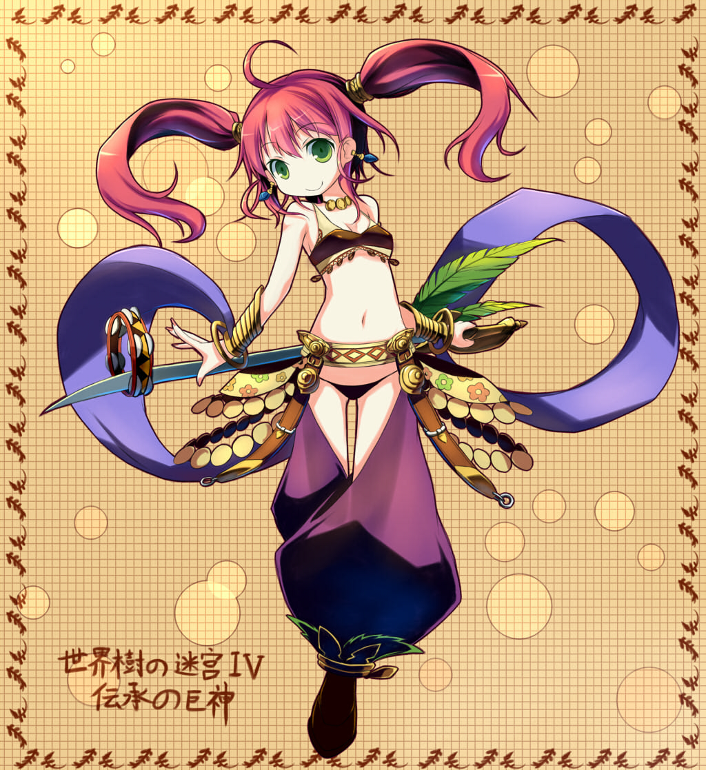 chaps, dancer_(sekaiju), earrings, green_eyes, hoshi_no_gen, instrument, jewelry, long_hair
