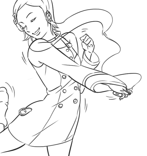 1girl, bb_(baalbuddy), bb_(pixiv2526006), closed_eyes, dancing, digital_media_player, dress, earphones, eureka, eureka_seven, eureka_seven_(series), eyes_closed, happy, ipod, lineart, short_hair, smile, solo