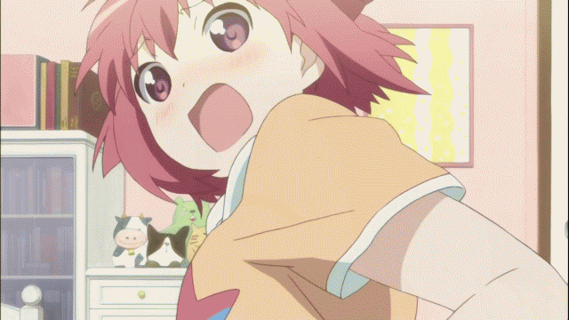 1girl, :o, ahoge, akaza_akari, animated, animated_gif, blush, book, detached_hair, double_bun, hair_bun, pink_eyes, pink_hair, purple_eyes, red_eyes, red_hair, redhead, shelf, shocked, short_twintails, solo, stuffed_animal, stuffed_toy, surprised, twintails, yuru_yuri