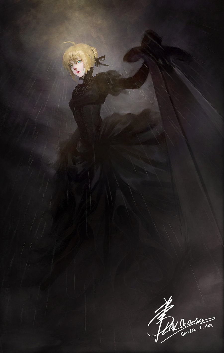 ahoge, blonde_hair, dress, fate/stay_night, fate_(series), green_eyes, highres, lalaax, lips, realistic, saber, signature, solo, sword, weapon