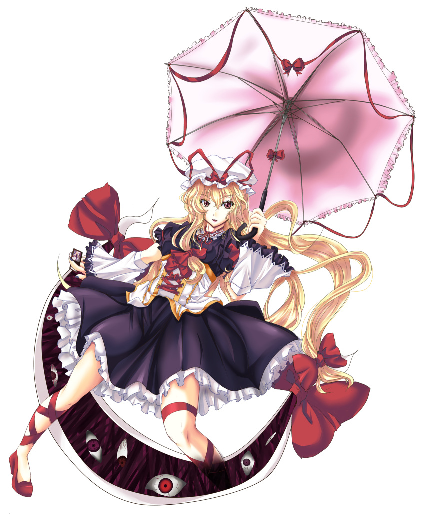 blonde_hair, eyes, gap, hat, highres, long_hair, nail_polish, oimari, red_eyes, solo, touhou, transparent_background, umbrella, yakumo_yukari