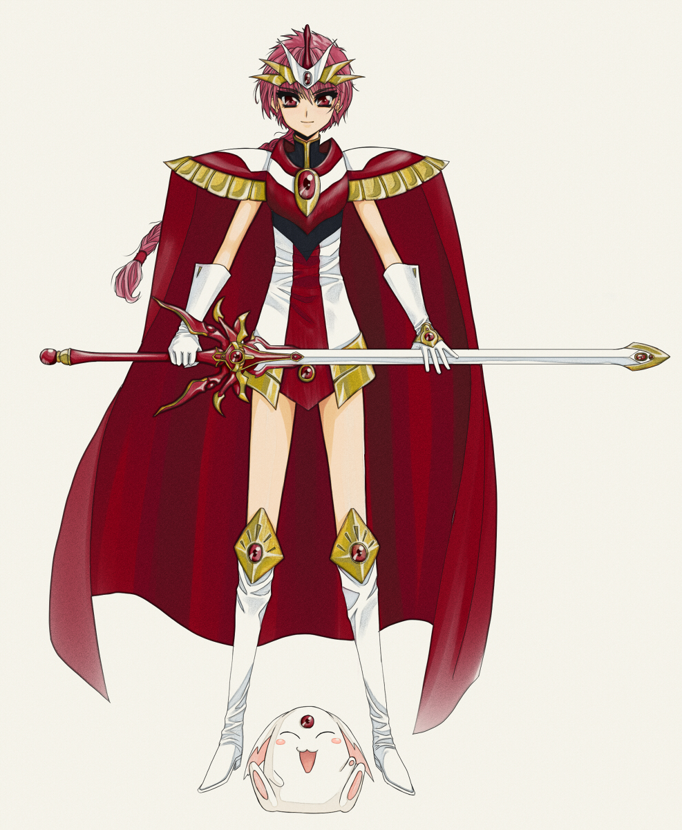 armor, boots, braid, cape, epaulettes, gloves, headdress, highres, juliettefwong, long_hair, magic_knight_rayearth, mokona, pink_hair, red_eyes, shidou_hikaru, sword, weapon, white_background