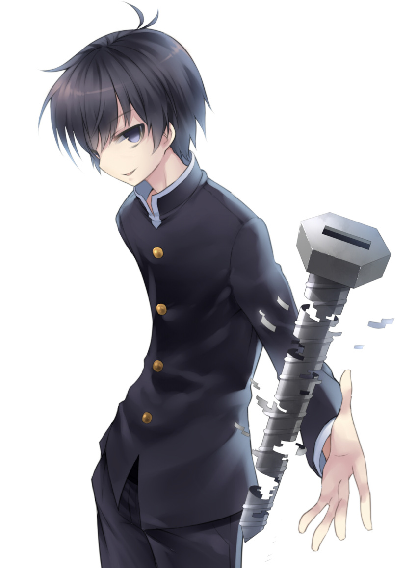 artist_request, black_eyes, black_hair, bon, buttons, gakuran, highres, kumagawa_misogi, male, materializing, medaka_box, open_mouth, school_uniform, screw, short_hair, simple_background, smile, solo, white_background
